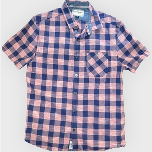 Flag and Anthem Men's Short Sleeve Pink and Blue Plaid Shirt‎ Sz Medium- NWOT
